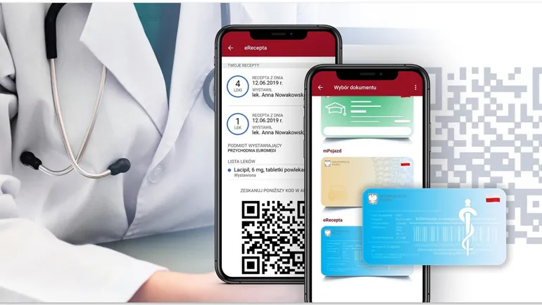 Lekarz w kitlu i dwa smartfony z aplikacją zdrowotną. Obok niebieska karta.